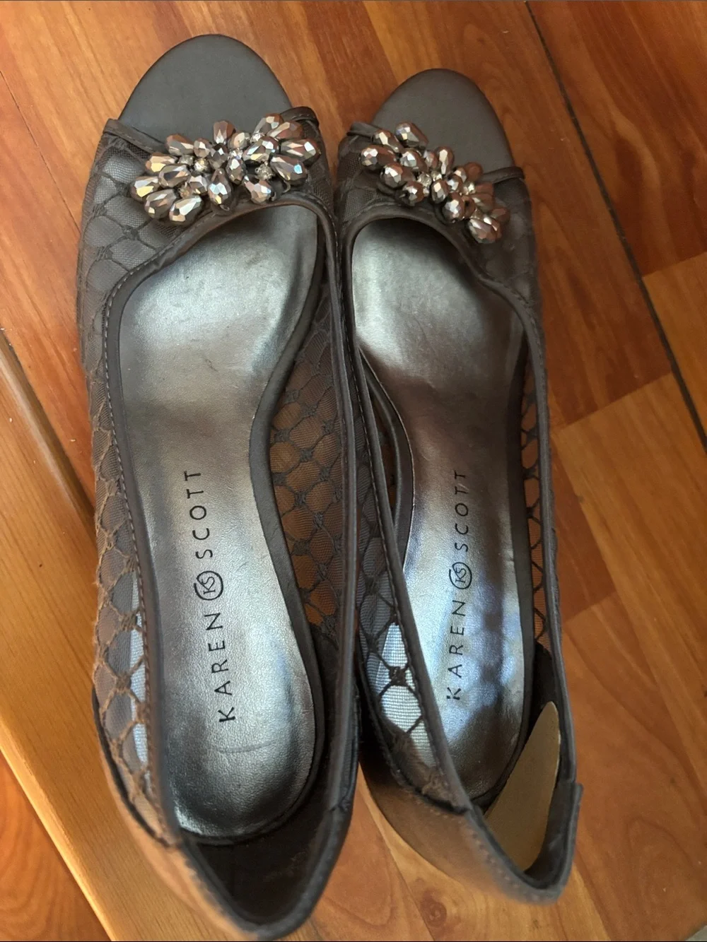 Karen Scott Taupe Lace Peep-Toe Heels with Crystal Cluster